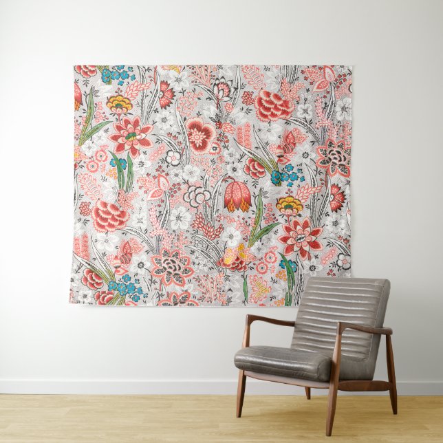 RED BLUE YELLOW WILD FLOWERS TULIPS,LEAVES FLORAL TAPESTRY (In Situ (Horizontal))