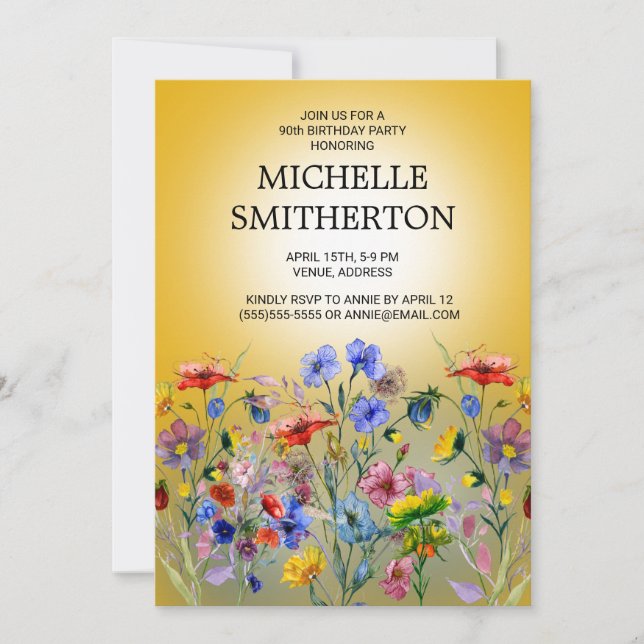 Red Blue Yellow Wildflowers 90th Birthday Invitation (Front)