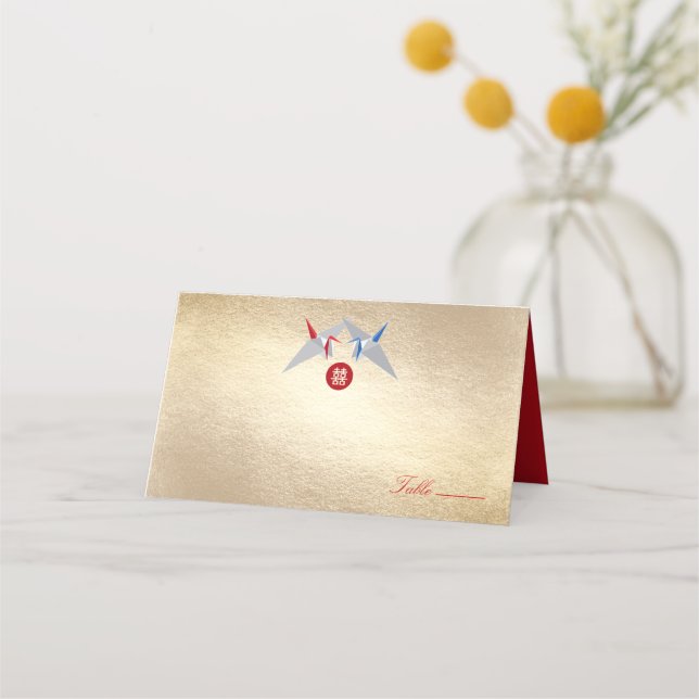 Red & Blue Zen Origami Paper Cranes Asian Wedding Place Card (Front)