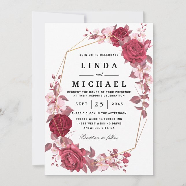 Red Blush and Gold Geometric Greenery Wedding Invi Invitation (Front)