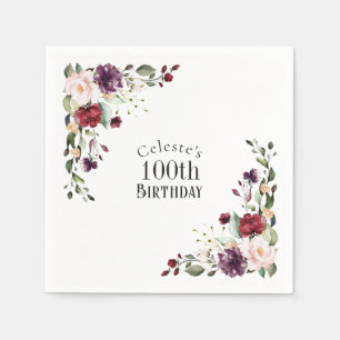 Red Blush and Purple Elegant Floral 100th Birthday Napkin