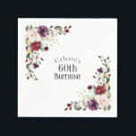 Red Blush and Purple Elegant Floral 60th Birthday Napkin<br><div class="desc">Part of a coordinating set of birthday party products celebrating an 60th birthday, honour someone special with this lovely watercolor floral birthday party napkin. Embellished with lovely boho floral corner bouquets in the stylish colour combination of burgundy red, blush pink, plum purple, and peach with sumptuous greenery scattered throughout, it...</div>