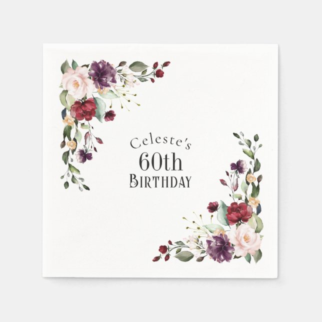 Red Blush and Purple Elegant Floral 60th Birthday Napkin (Front)