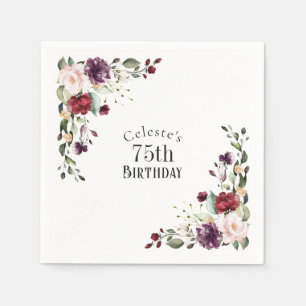 Red Blush and Purple Elegant Floral 75th Birthday Napkin