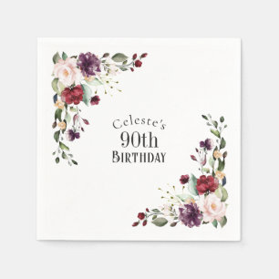 Red Blush and Purple Elegant Floral 90th Birthday Napkin