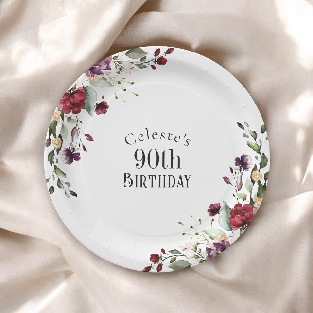 Red Blush and Purple Elegant Floral 90th Birthday Paper Plate (Creator Uploaded)
