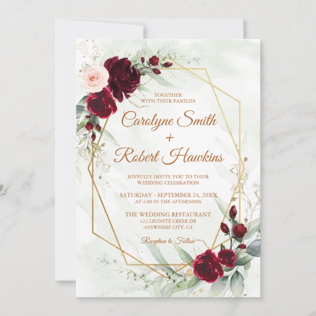 Red Blush Burgundy Gold Geometric Greenery Wedding Invitation (Front)