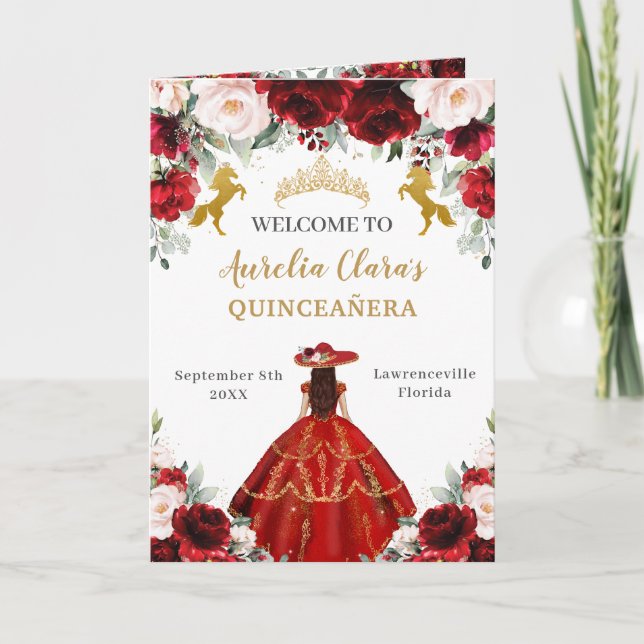 Red Blush Floral Charro Quinceañera Order Events Programme (Front)
