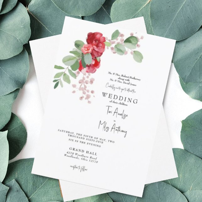 Red & Blush Floral Eucalyptus Both Parents Wedding Invitation (Creator Uploaded)