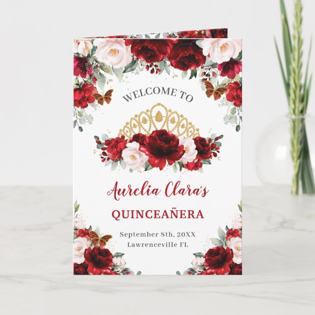 Red Blush Floral Gold Quinceañera Order of Events  Programme (Front)