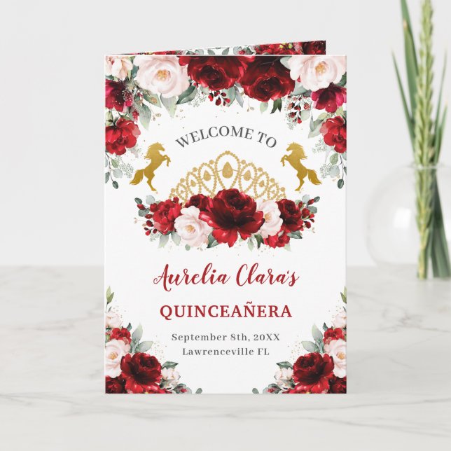Red Blush Floral Horse Quinceañera Order of Events Programme (Front)