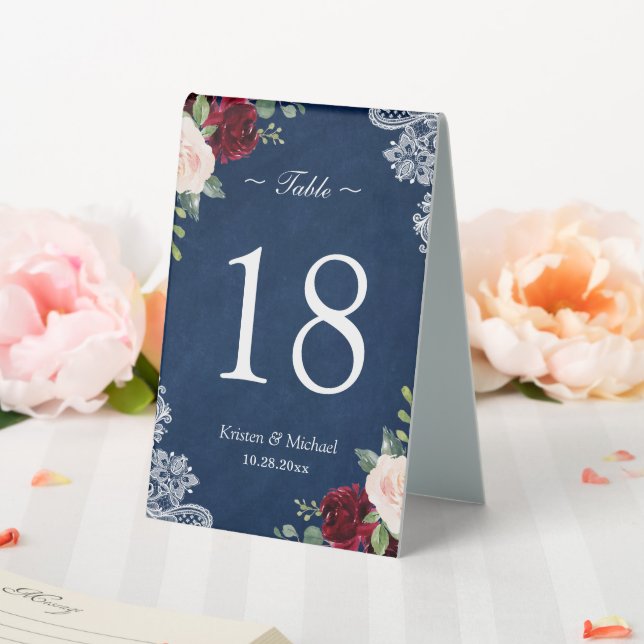 Red Blush Floral Navy Blue Wedding Table Number (In SItu (Wedding))