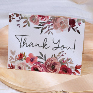 Red Blush Floral Roses Elegant Wedding Thank You Card
