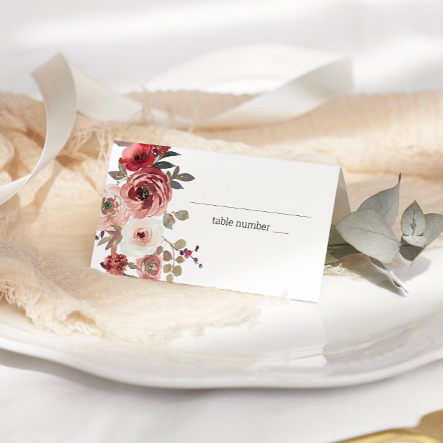 Red Blush Floral Roses Wedding Place Card (Creator Uploaded)