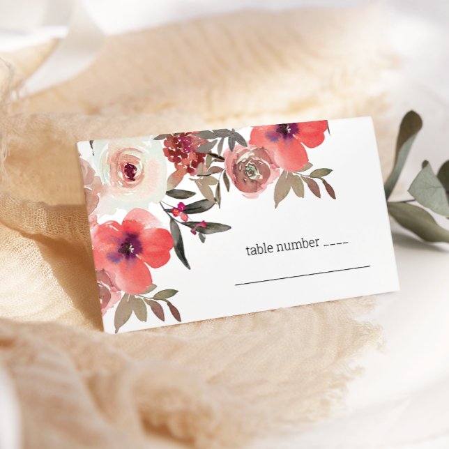 Red Blush Floral Roses Wedding Place Card (Creator Uploaded)