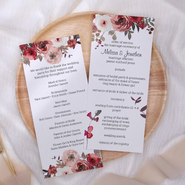 Red Blush Floral Roses Wedding Program Programme (Creator Uploaded)