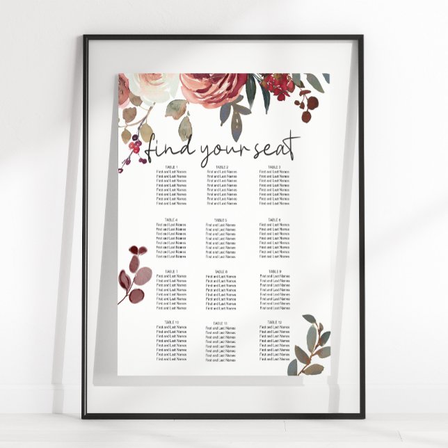 Red Blush Floral Roses Wedding Seating Chart (Creator Uploaded)