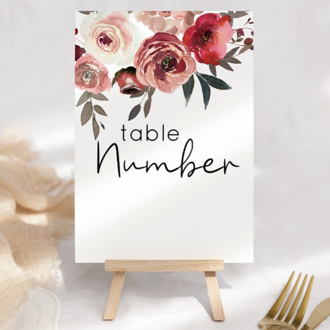 Red Blush Floral Roses Wedding Table Number (Creator Uploaded)