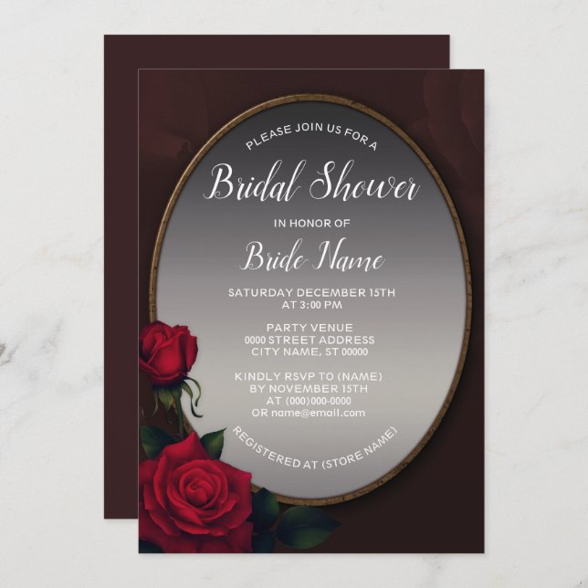 Red Blush Floral Silver Gray Mirror Bridal Shower Invitation (Front/Back)
