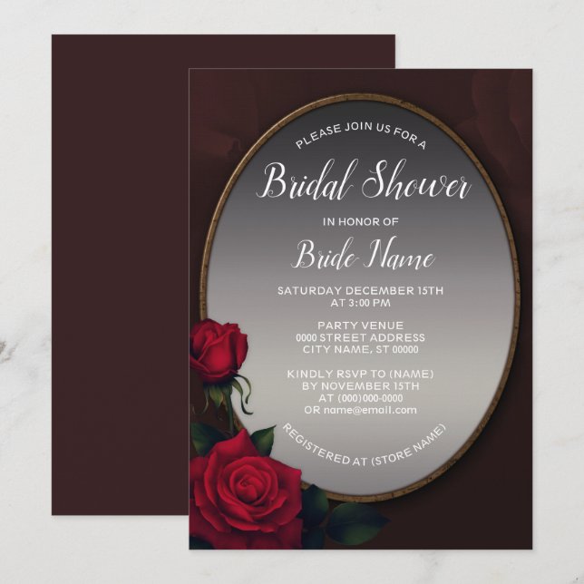 Red Blush Floral Silver Grey Mirror Bridal Shower Invitation (Front/Back)