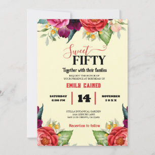 Red Blush Navy Blue Floral Botanical Birthday Invitation
