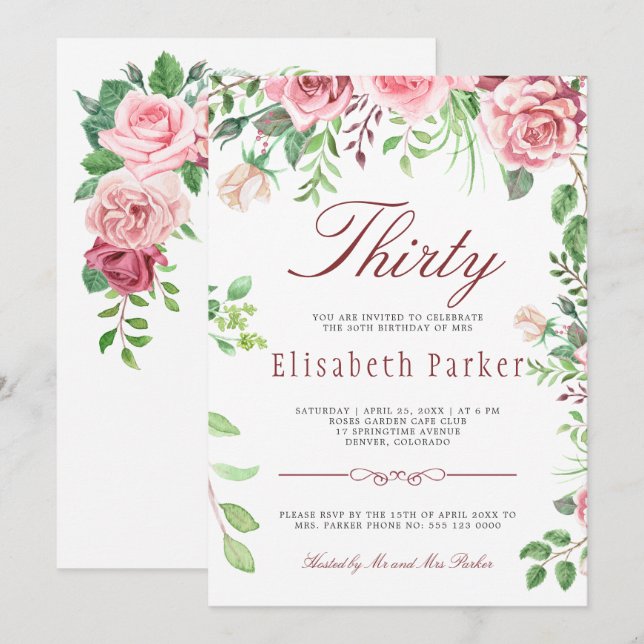 Red Blush Pink Floral Garden 30th Birthday Party Invitation (Front/Back)