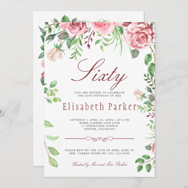 Red Blush Pink Floral Garden 60th Birthday Party Invitation (Front/Back)