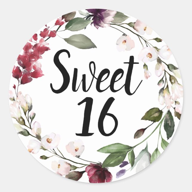 Red Blush Pink Floral Sweet Sixteen Classic Round Sticker (Front)