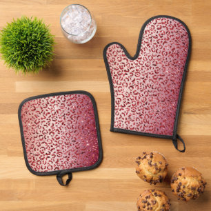 Red Blush Pink Glitter Sparkle Leopard Print Oven Mitt & Pot Holder Set