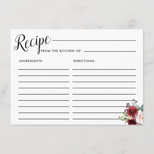 Red Blush Pink Rose Floral Bridal Recipe Card (Front)