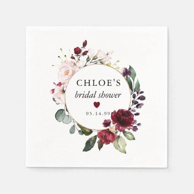 Red Blush Pink Rose Floral Bridal Shower Napkin (Front)