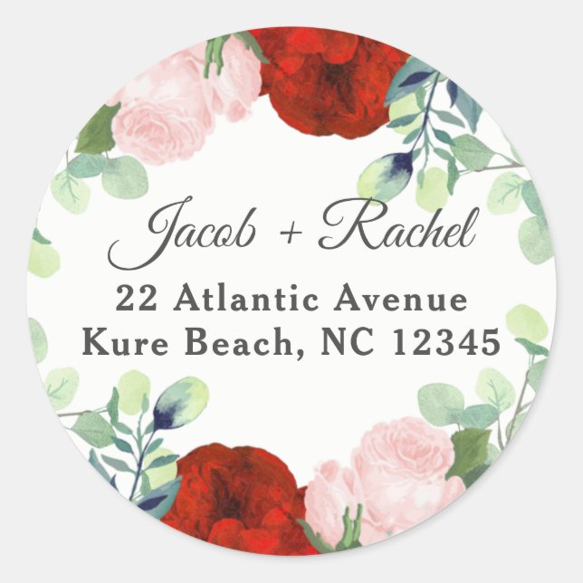 Red & Blush Pink Roses on Eucalyptus Wedding Classic Round Sticker (Front)