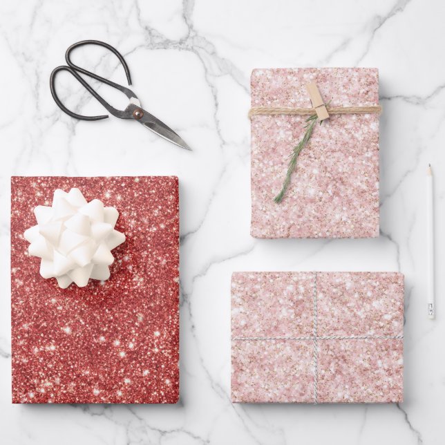 Red Blush Pink Sparkle Glitter Christmas Wrapping Paper Sheet (Front)