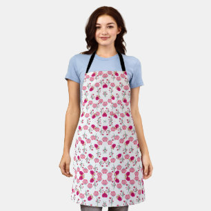 Red & Blush Pink Symmetrical Floral Garden Pattern Apron