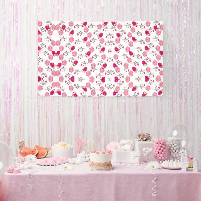 Red & Blush Pink Symmetrical Floral Garden Pattern Banner (Party)