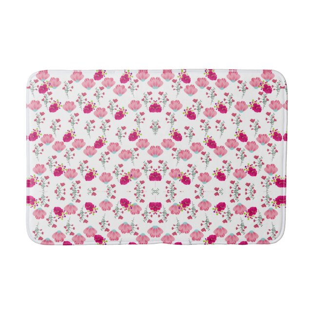 Red & Blush Pink Symmetrical Floral Garden Pattern Bath Mat (Front)