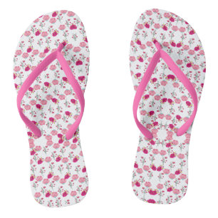 Red & Blush Pink Symmetrical Floral Garden Pattern Flip Flops