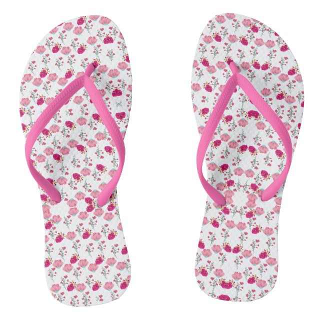 Red & Blush Pink Symmetrical Floral Garden Pattern Flip Flops (Footbed)