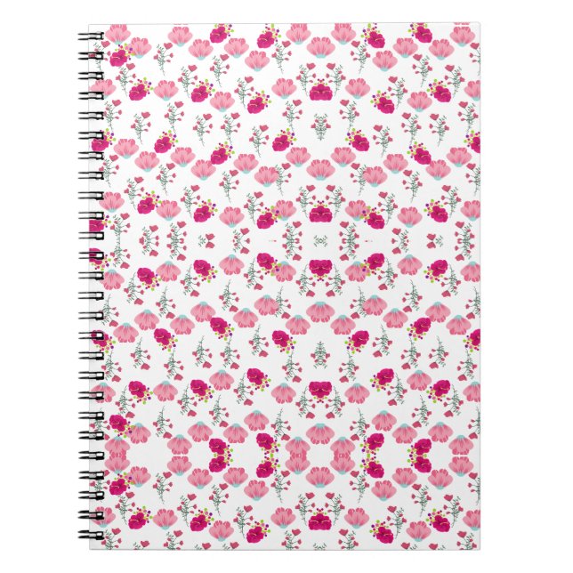 Red & Blush Pink Symmetrical Floral Garden Pattern Notebook (Front)