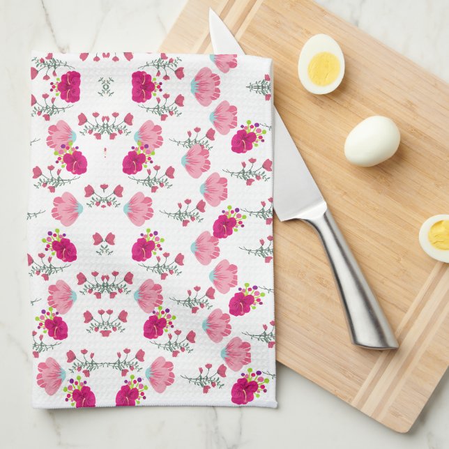Red & Blush Pink Symmetrical Floral Garden Pattern Tea Towel (Quarter Fold)