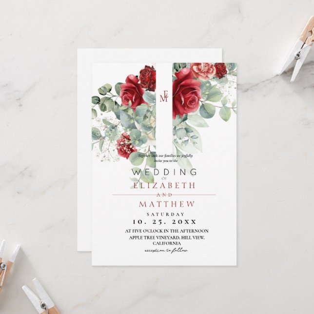  Red Blush Rose and Floral  Elegant Wedding Invitation (Front/Back In Situ)