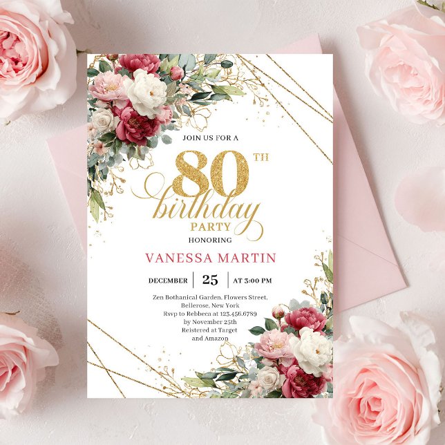 Red blush roses chic gold accent card 80th birthda (Red blush roses chic gold accent card 80th birthday invitation

)