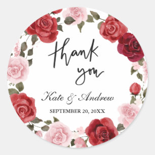 Red Blush Roses Floral Wreath   Thank You Classic Round Sticker