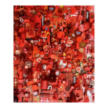 Red board game pieces collage