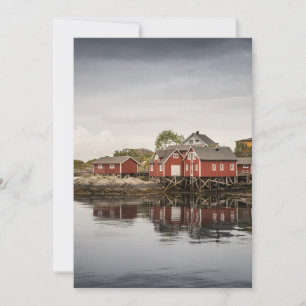 Red boat houses in Norway Card