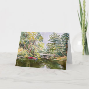 Red Boat in Mountain Lake Watercolor Fishing Card