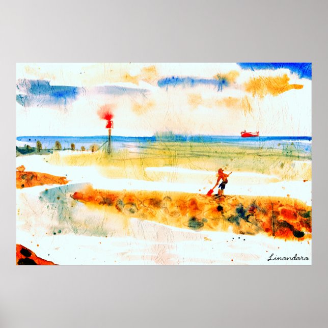 Red Boat in Norfolk watercolor art Poster (Front)