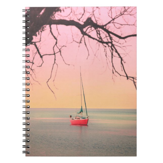 RED BOAT ON BEACH DURING SUNSET NOTEBOOK (Front)
