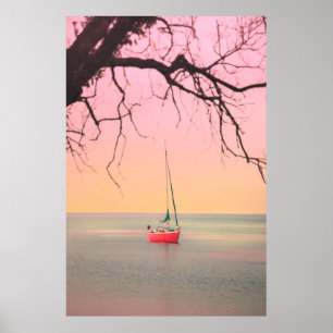 RED BOAT ON BEACH DURING SUNSET POSTER