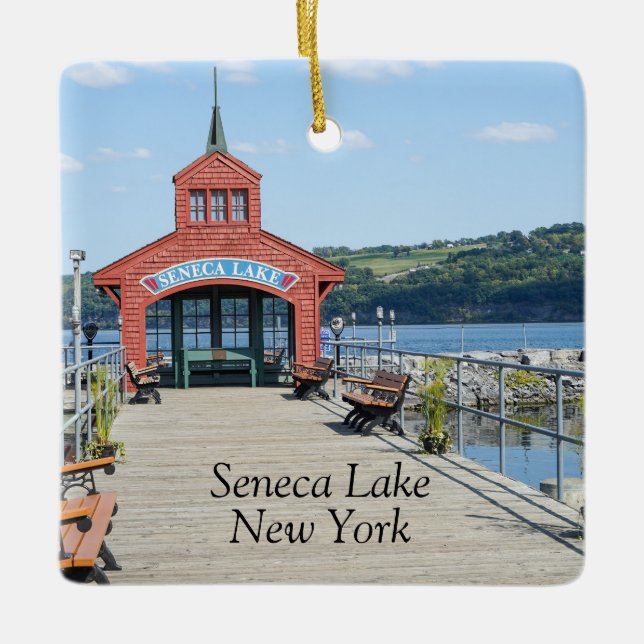 Red boathouse on Seneca Lake Ceramic Ornament (Front)